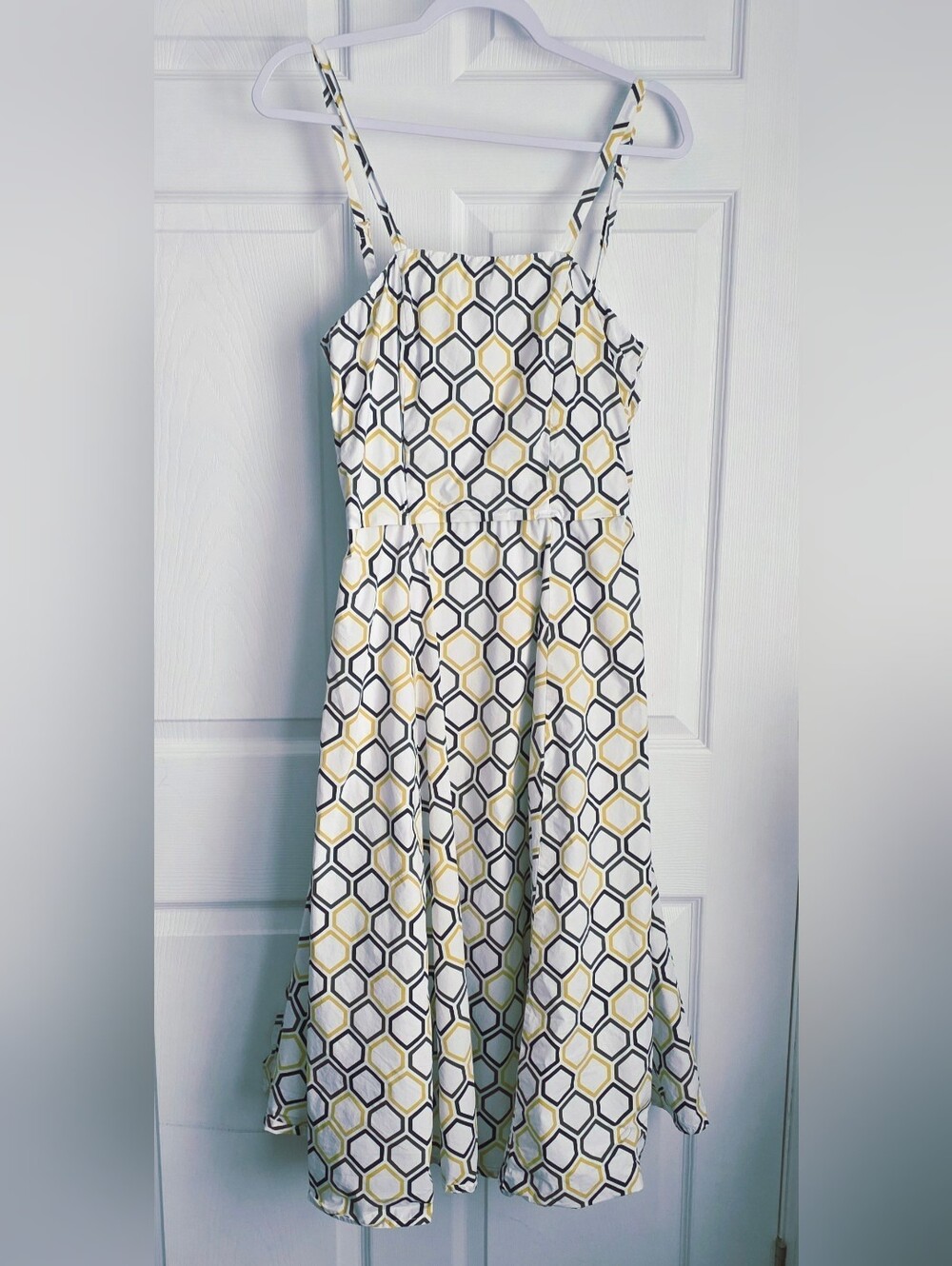 Wayward Fancies by eShakti Yellow Navy Grey Honeycomb Geometric Cotton Dress